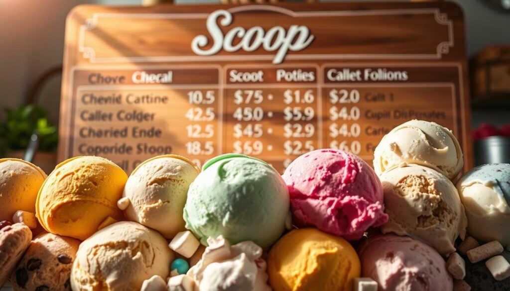 Scoop ice cream pricing options, showcased on a vintage-inspired menu board. In the foreground, an array of vibrant ice cream scoops of various flavors, artfully arranged. The middle ground features a wooden menu board with elegant cursive typography, detailing the sizes and prices of each scoop. Soft natural lighting casts a warm glow, evoking a cozy, inviting ambiance. The background blurs softly, drawing the viewer's focus to the delectable ice cream display. Crisp, high-resolution photography captures every enticing detail, inviting the viewer to explore the delightful scoop pricing options.
