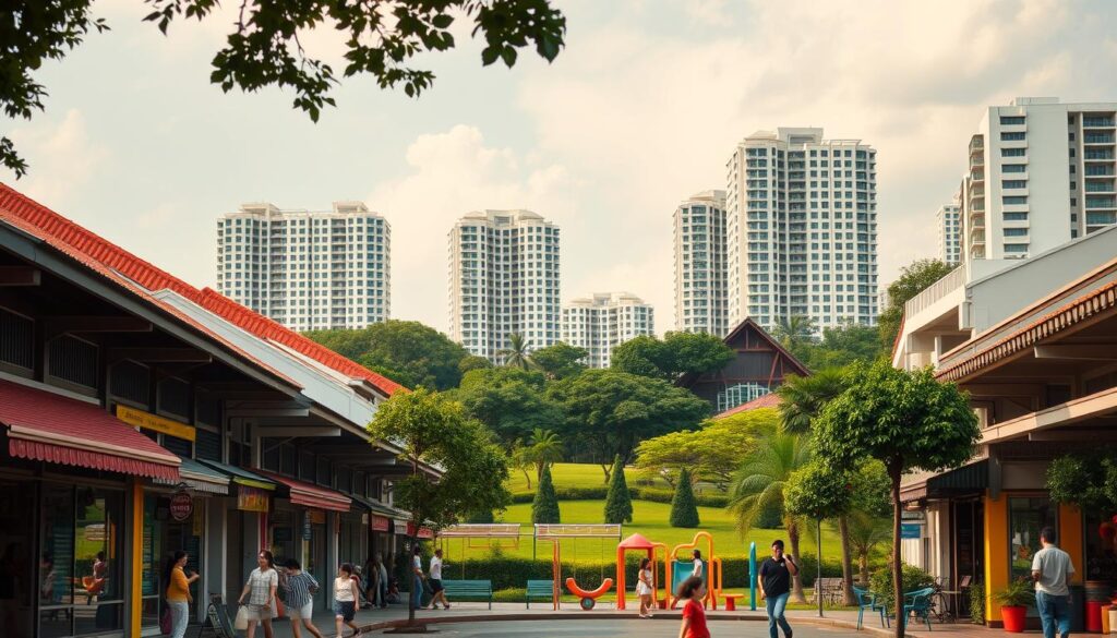 Serangoon, a vibrant family-friendly neighborhood in Singapore, captured in a warm afternoon light. In the foreground, a bustling street lined with quaint shophouses, their colorful facades reflecting the lively atmosphere. Children play in a nearby playground, laughter and giggles filling the air. In the middle ground, a lush, well-manicured park invites residents to stroll, picnic, and enjoy the verdant greenery. Beyond, modern high-rise apartments blend seamlessly with the neighborhood's charming architectural heritage, creating a harmonious urban landscape. The scene is infused with a sense of community, accessibility, and the perfect balance of modernity and tradition that Serangoon is renowned for.