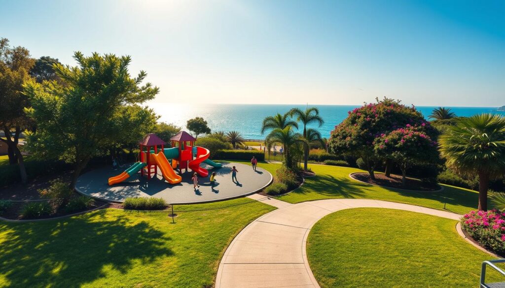 Serene east coast park playground, lush greenery and vibrant blooms surround a modern, well-equipped play area. Children joyfully navigate colorful slides, swings, and climbing structures bathed in warm afternoon sunlight. A winding path leads through the tranquil scene, inviting leisurely strolls. In the distance, a glittering blue ocean provides a picturesque backdrop, capturing the essence of coastal living. Crisp, high-resolution wide-angle photograph showcasing the inviting atmosphere and family-friendly amenities of this delightful outdoor space.