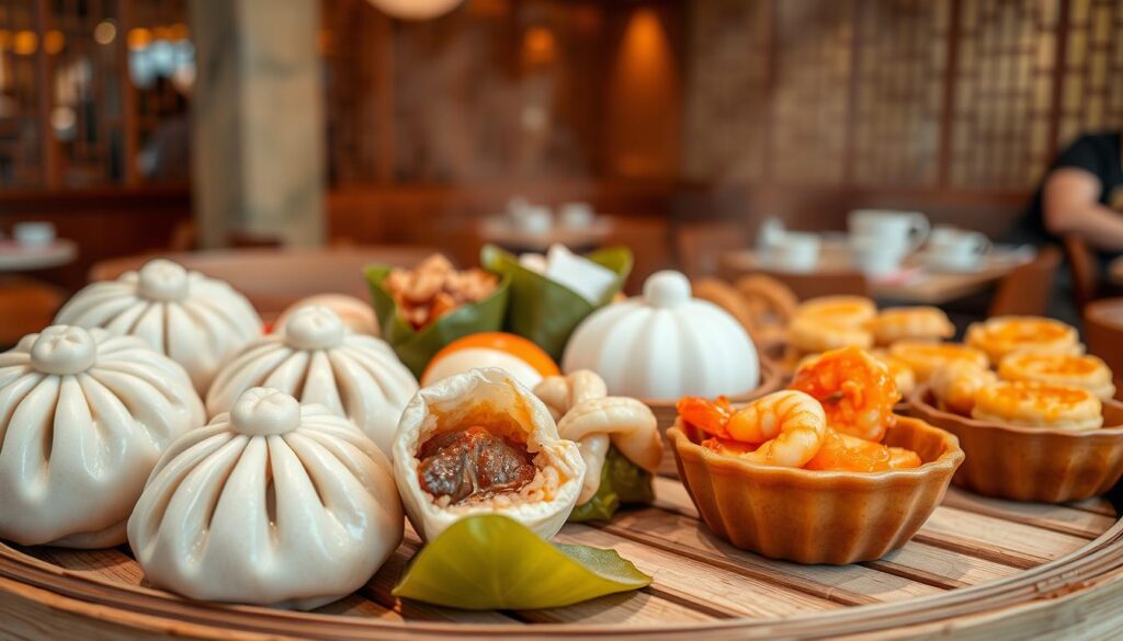 Signature dim sum dishes arranged on a traditional bamboo steamer, showcasing the vibrant colors and delicate textures of classic Cantonese cuisine. In the foreground, plump steamed buns, savory pork dumplings, and delicate shrimp rolls glistening with condensation. In the middle, fragrant lotus leaf-wrapped sticky rice, pan-fried turnip cakes, and intricate custard tarts. In the background, a blurred backdrop of a cozy, bustling dim sum restaurant, with wooden latticed screens and the faint aroma of freshly brewed jasmine tea. Soft, diffused lighting casts a warm, inviting glow over the scene, capturing the essence of a quintessential Singaporean dim sum experience.