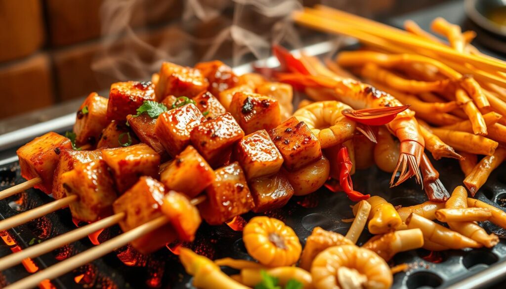 Steaming skewers of authentic Sichuan cuisine, sizzling over a charcoal grill. Glistening cubes of tender pork, marinated in a fragrant blend of Sichuan peppercorns, chili oil, and aromatic herbs. Plump shrimp, seasoned with a bold, numbing spice mix, caramelizing under the intense heat. Alongside, crisp-fried enoki mushrooms and tender bamboo shoots, adding layers of texture and earthy umami. The scene is bathed in a warm, golden glow, as if captured by a skilled food photographer, the focus razor-sharp on the vibrant colors and mouthwatering details. An evocative tableau of the dynamic flavors and lively atmosphere of an authentic Sichuan barbecue.