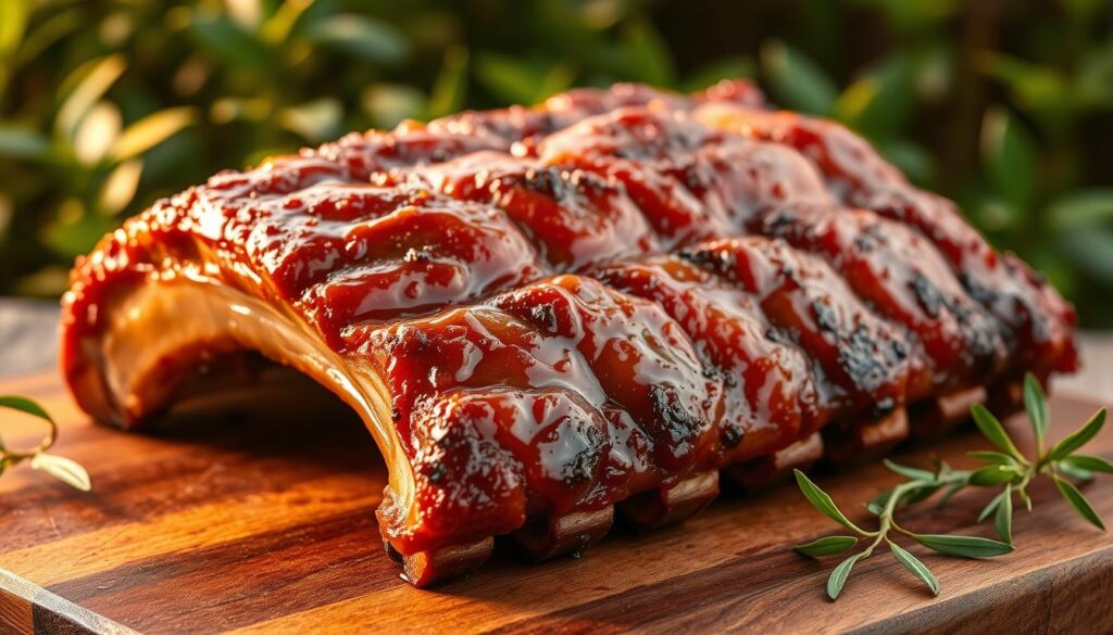 Succulent fall-off-the-bone pork ribs glistening with a rich, caramelized glaze, nestled on a wooden board against a backdrop of lush, verdant foliage. Warm, golden lighting casts a cozy, inviting atmosphere, highlighting the tender, juicy meat that effortlessly separates from the bone. The ribs are framed by fresh herbs and spices, hinting at the complex flavors that have been expertly coaxed out through slow, meticulous cooking. A shallow depth of field draws the viewer's attention to the star of the scene - the ribs themselves, their mouthwatering appearance capturing the essence of Singapore's renowned culinary prowess. Succulent fall-off-the-bone pork ribs glistening with a rich, caramelized glaze, nestled on a wooden board against a backdrop of lush, verdant foliage. Warm, golden lighting casts a cozy, inviting atmosphere, highlighting the tender, juicy meat that effortlessly separates from the bone. The ribs are framed by fresh herbs and spices, hinting at the complex flavors that have been expertly coaxed out through slow, meticulous cooking. A shallow depth of field draws the viewer's attention to the star of the scene - the ribs themselves, their mouthwatering appearance capturing the essence of Singapore's renowned culinary prowess.