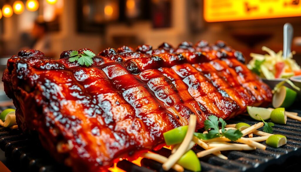 Sumptuous Singapore-style pork ribs sizzling on a charcoal grill, caramelized to perfection with a tantalizing glaze. Tender meat falling off the bone, bathed in a mouthwatering blend of sweet, savory, and smoky flavors. Vibrant garnishes like fresh coriander, lime wedges, and crisp slaw add pops of color and texture. The scene is illuminated by warm, golden lighting, creating an inviting and authentic atmosphere. Shot from a low angle to emphasize the juicy, succulent ribs, with a slightly blurred background hinting at the bustling hawker center or family-run restaurant setting.