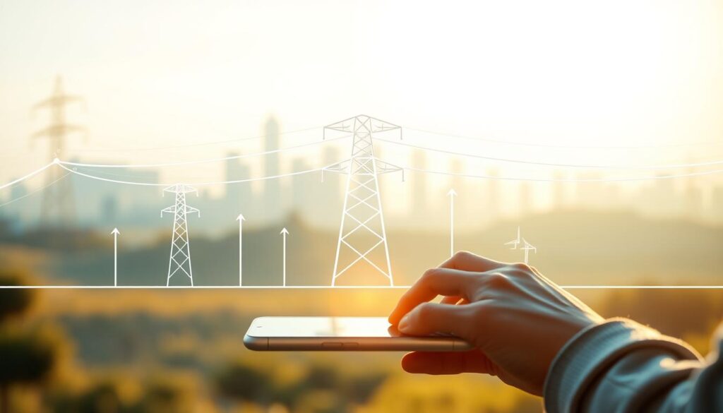 Switching electricity provider process: a high-tech scene with clean lines and modern, minimalist aesthetics. In the foreground, a person's hands interacting with a digital interface, perhaps a smartphone or tablet, symbolizing the ease and convenience of the switching process. The middle ground showcases a simplified visual representation of the electricity grid, with clean, geometric shapes and lines conveying the efficiency and reliability of the power network. In the background, a subtle cityscape or abstract landscape, hinting at the broader context of urban living and sustainable energy infrastructure. The scene is bathed in a warm, natural light, creating a sense of trust and reliability. The overall mood is one of simplicity, control, and forward-thinking progress.