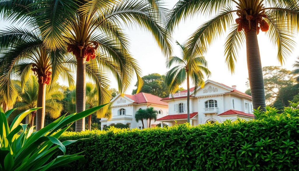 Tanglin colonial architecture luxury homes with lush tropical foliage in the foreground, towering palm trees and vibrant green hedges framing the scene. Elegant two-story mansions with whitewashed walls, red tiled roofs, and intricate decorative woodwork in the middle ground. The homes are bathed in warm, golden afternoon sunlight, creating a serene and luxurious atmosphere. In the background, a glimpse of mature trees and manicured gardens, suggesting a peaceful, tranquil neighborhood. The image should convey a sense of refined sophistication and affluence characteristic of the Tanglin district in Singapore.