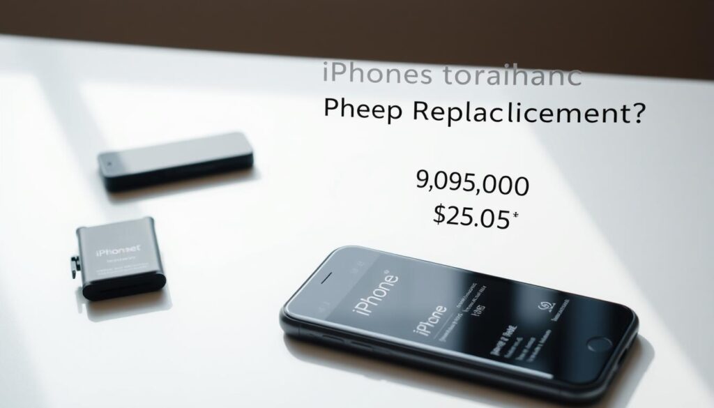 Transparent iPhone battery replacement pricing: a clean, well-lit tabletop display with an iPhone, a battery pack, and a cost breakdown. Diffused natural lighting casts a soft glow, highlighting the transparent pricing details and the iPhone's sleek, minimalist design. The background is a plain, neutral-toned surface, allowing the key elements to take center stage. The composition balances the technological components with a sense of simplicity and transparency, conveying professionalism and attention to detail.
