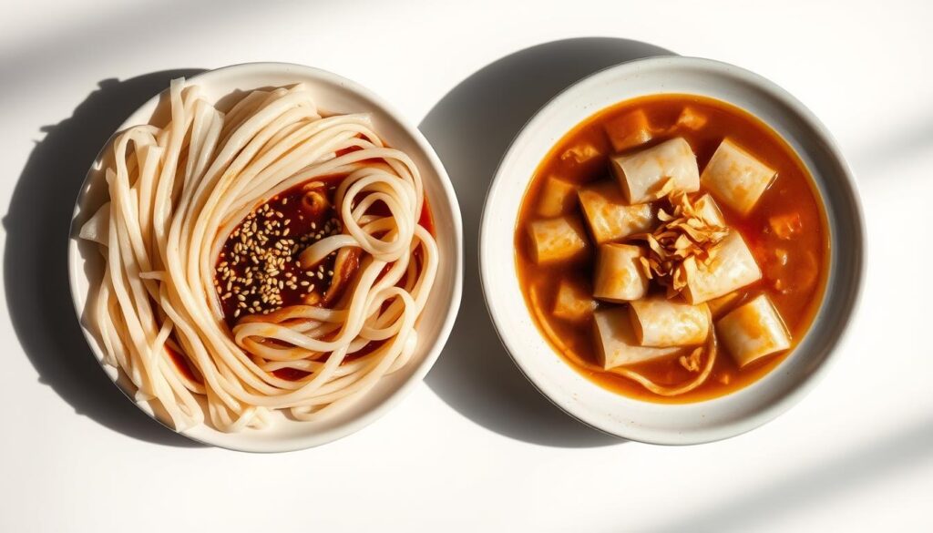 Two steaming plates of chee cheong fun sit side by side, one in the Hong Kong style and one in the Singapore style. The Hong Kong version features slender, silky rice noodle rolls, bathed in a savory soy sauce and sprinkled with toasted sesame seeds. The Singapore style showcases thicker, chewier noodle rolls, swimming in a sweet, peanut-based sauce and garnished with crispy fried shallots. The contrasting textures and flavors are highlighted by dramatic studio lighting, casting dramatic shadows that emphasize the distinct differences between these two beloved Asian comfort foods. Shot on a minimalist tabletop, the image captures the essence of the chee cheong fun debate in a visually striking manner.