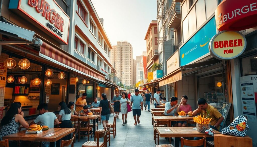 Vibrant Singapore street scene, showcasing a row of affordable burger joints. In the foreground, a bustling open-air eatery with simple wooden tables and chairs. Patrons enjoying juicy, well-seasoned burgers and crispy fries. Neon signs illuminate the modest exterior, creating a lively atmosphere. In the middle ground, pedestrians stroll by, taking in the sights and smells. The background features a mix of low-rise shophouses and modern high-rises, reflecting the city's diverse architectural landscape. Warm, golden sunlight filters through, casting a welcoming glow over the scene. A sense of casual, unpretentious charm pervades the setting, capturing the essence of Singapore's budget-friendly burger culture.