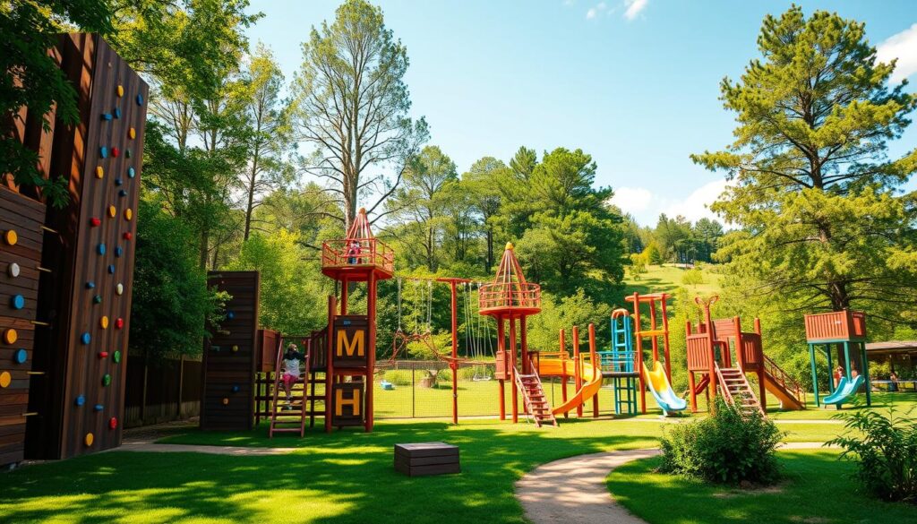 Vibrant adventure playground with challenging obstacles, set against a backdrop of lush greenery and a clear, sunlit sky. The foreground features a variety of dynamic elements, such as climbing walls, suspended bridges, and traversable mazes, all designed to test the physical and mental agility of older children. The middle ground showcases a diverse range of play equipment, from rope courses to balance beams, encouraging exploration and risk-taking within a safe environment. The background is dominated by a verdant landscape, with towering trees and a sense of natural wonder, creating an immersive outdoor experience. Warm, natural lighting enhances the playful atmosphere, capturing the spirit of adventure and the thrill of pushing one's limits.