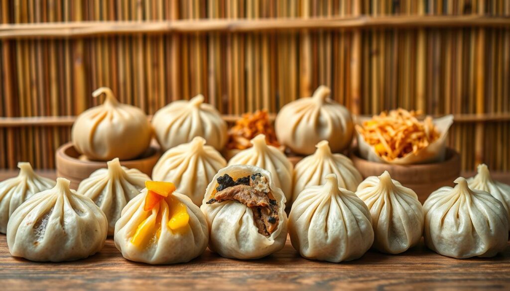 Vibrant and mouthwatering display of innovative rice dumpling flavours against a backdrop of traditional bamboo leaves. In the foreground, an assortment of handcrafted bak chang in unique and enticing varieties - from classic pork to intriguing fusion flavours like salted egg yolk, black truffle, or even Thai green curry. Highlighted by soft, natural lighting and captured with a shallow depth of field to draw the eye towards the sumptuous details. The middle ground showcases the delicate textures and intricate wrapping techniques, while the background hints at the rich cultural heritage behind this beloved Singaporean delicacy.