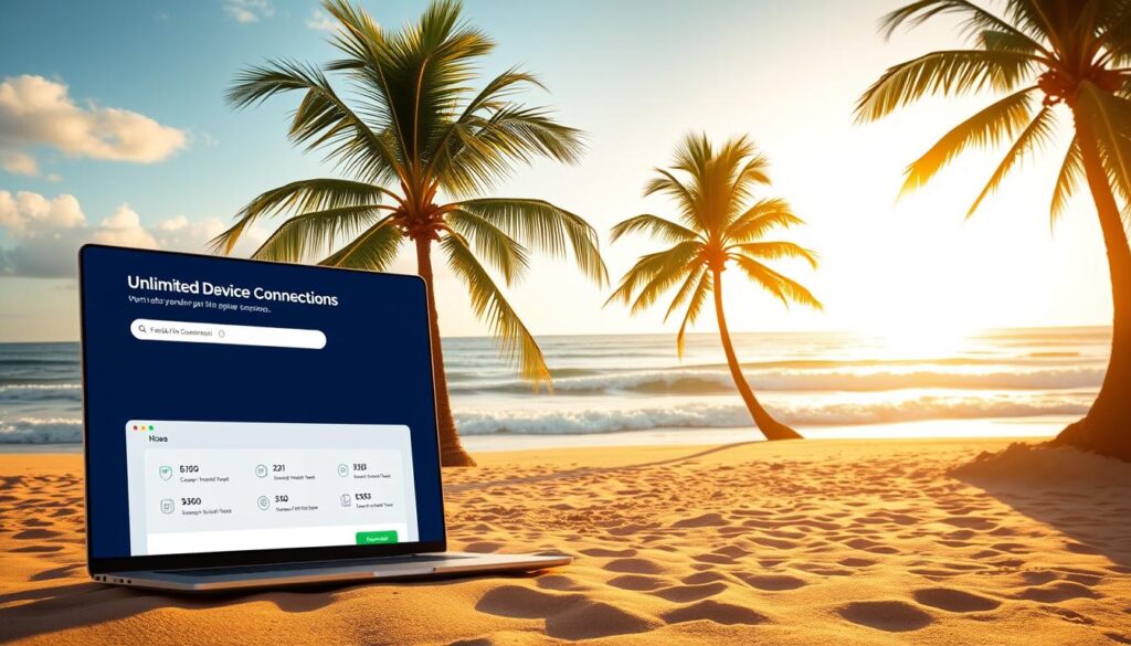 Vibrant and sleek, a modern VPN service in the foreground, with a minimalist user interface showcasing its "Unlimited Device Connections" feature. The middle ground features a serene, tropical beach landscape, with swaying palm trees and crashing waves, evoking a sense of freedom and connectivity. The background is bathed in warm, golden sunlight, creating a calming and inviting atmosphere. The composition is balanced, with clean lines and a sophisticated color palette, reflecting the reliability and affordability of Surfshark VPN. The image should convey a sense of ease, security, and the ability to access the internet from anywhere, seamlessly. Vibrant and sleek, a modern VPN service in the foreground, with a minimalist user interface showcasing its "Unlimited Device Connections" feature. The middle ground features a serene, tropical beach landscape, with swaying palm trees and crashing waves, evoking a sense of freedom and connectivity. The background is bathed in warm, golden sunlight, creating a calming and inviting atmosphere. The composition is balanced, with clean lines and a sophisticated color palette, reflecting the reliability and affordability of Surfshark VPN. The image should convey a sense of ease, security, and the ability to access the internet from anywhere, seamlessly.