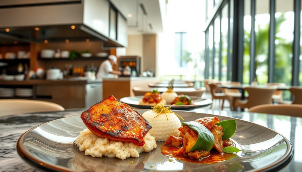 Vibrant fusion cuisine set in a modern Singaporean eatery. In the foreground, a platter of meticulously arranged new-generation Singaporean dishes - deftly blended flavors of East and West, with bold colors and textures: char-grilled Belimbing (starfruit) glazed with a tangy-sweet soy reduction, nestled alongside a delicate mound of coconut-infused risotto and a sprinkling of crisp tempura-fried kaffir lime leaves. The mid-ground features an open kitchen where chefs in pristine whites skillfully plate the artful creations. In the background, a sleek, minimalist dining room with floor-to-ceiling windows that bathe the space in warm, natural light, offering glimpses of a lush, tropical cityscape beyond.