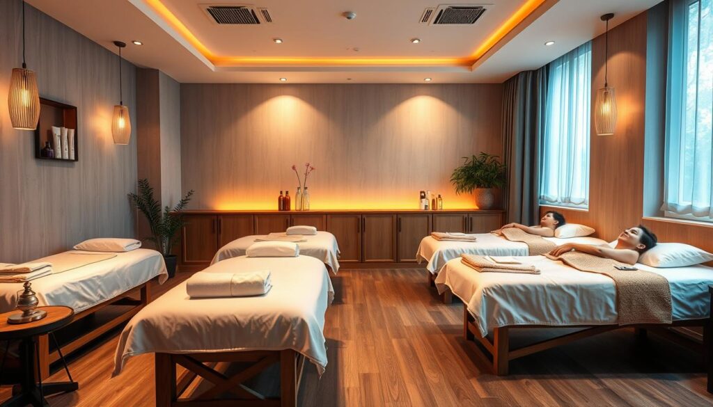 Vibrant massage parlor with a cozy, inviting atmosphere. Clients relax on comfortable massage tables, surrounded by soothing decor and warm lighting. Skilled masseuses perform a variety of affordable massage treatments, from Swedish to deep tissue, catering to diverse needs. Elegant, minimalist design elements, with wooden accents and subtle greenery, create a calming ambiance. Crisp, high-resolution photography captures the serene, inviting space, highlighting the accessibility and value of these massage services in Singapore.