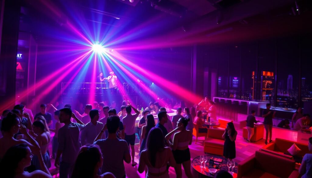 Vibrant neon lights illuminate a crowded Singapore nightclub, casting a seductive glow across the dance floor. In the foreground, silhouettes of revelers sway to a pulsing techno beat, their movements accentuated by strategically placed strobes. The middle ground features a sleek, modern bar where bartenders expertly mix signature cocktails, while plush lounge areas offer respite for those seeking a more intimate experience. In the background, towering glass walls offer a tantalizing glimpse of the city skyline, hinting at the endless energy that pulses through this nightlife mecca. Captured with a wide-angle lens, the scene conveys the electric atmosphere of a Singapore nightclub, where the energy of the city comes alive after dark.