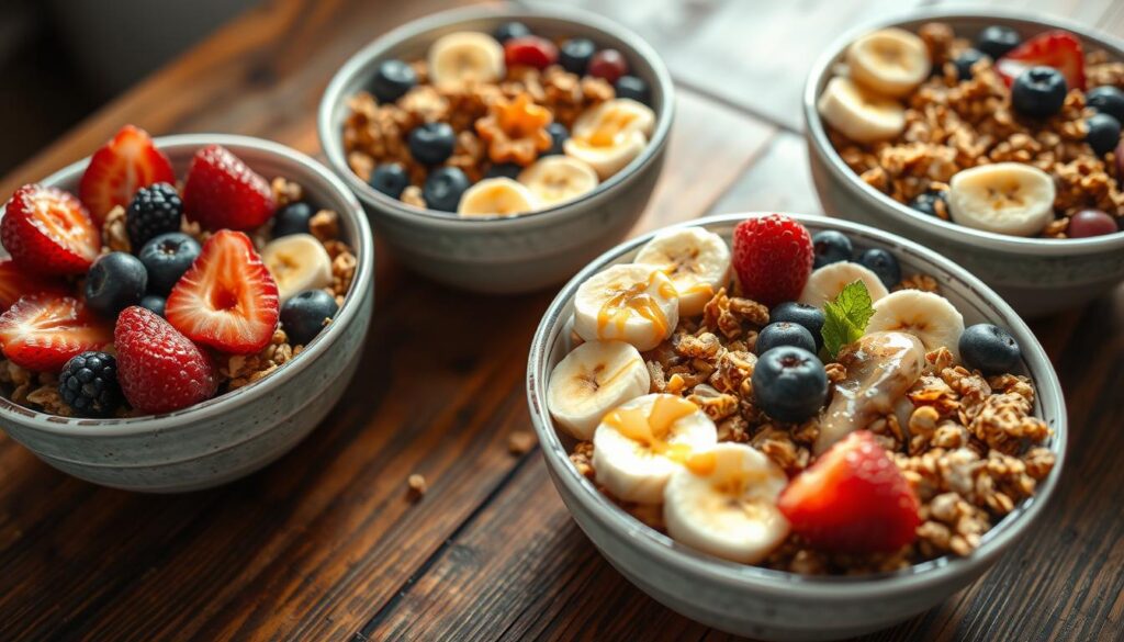 a close-up shot of several creative and visually appealing granola bowls, artfully arranged on a rustic wooden table. The bowls are filled with a variety of colorful and nutritious ingredients, such as fresh berries, sliced bananas, crunchy granola, and drizzles of honey or nut butter. The lighting is soft and natural, highlighting the vibrant colors and textures of the ingredients. The composition is balanced and aesthetically pleasing, with a focus on the intricate details and presentation of the granola bowls. The overall mood is one of healthy, wholesome indulgence, reflecting the "creative and healthy" nature of the Dearborn Granola bowls.