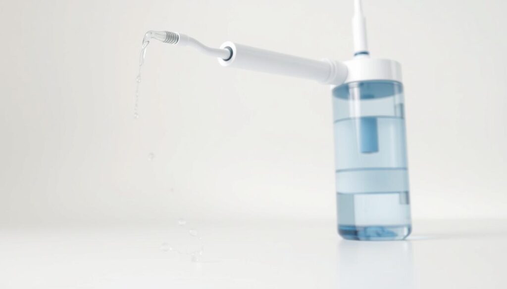a closeup view of a water flosser device, highlighting its essential features. the water flosser is shown in a clean, well-lit studio setting, shot from a slightly low angle to emphasize its form and functionality. the foreground features the water flosser's nozzle, water flow control, and ergonomic handle, all rendered in crisp detail. the middle ground showcases the device's body, showcasing its sleek, minimalist design and water reservoir. the background is a soft, neutral color that allows the water flosser to stand out. the overall mood is modern, professional, and focused on the product's key attributes.