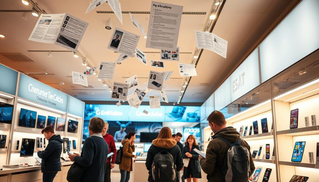 a consumer electronics store with brightly lit displays, customers carefully examining products, technical information and reviews floating in the air, an atmosphere of thoughtful decision-making, warm lighting, clean modern interiors, low-angle perspective to emphasize the importance of the informed purchase process, no distracting elements, focus on the act of consideration and evaluation