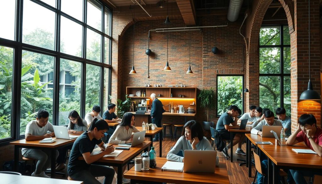 a cozy community center study space in Singapore, with warm natural lighting from large windows illuminating a diverse array of students studying at wooden desks and tables. The foreground features studious young adults hunched over their laptops and textbooks, creating a focused, productive atmosphere. In the middle ground, a small cafe serves warm beverages and snacks, encouraging a sense of community. The background showcases the architectural details of the center, with high ceilings, exposed brick walls, and lush greenery visible through the windows, conveying a welcoming, relaxed vibe.
