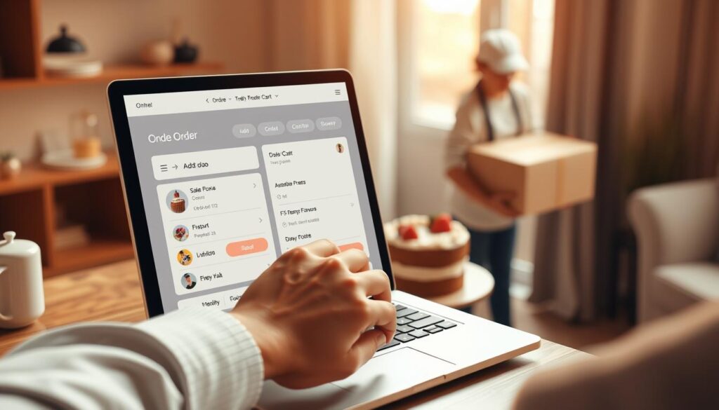 a detailed 3D rendered image of an online cake ordering process, shot from a high angle to show the full workflow. In the foreground, a user's hands interact with a sleek, minimalist website interface, selecting cake options, customizing flavors, and adding to cart. In the middle ground, the order is processed, with a delivery person shown in the background carrying a freshly baked cake. The scene is bathed in warm, soft lighting, creating a cozy and inviting atmosphere. The overall composition conveys the seamless, efficient, and delightful experience of ordering a cake online.