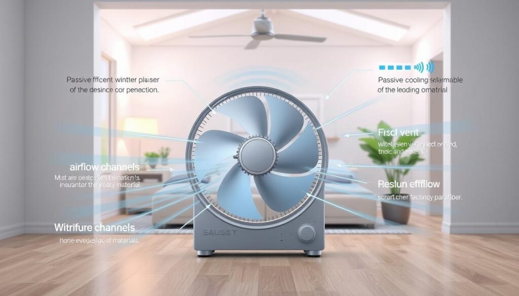 a detailed and technically accurate rendering of energy efficient cooling features for a fan, shown in a well-lit home setting with clean, modern design. the fan is the focal point, with the surrounding environment showcasing thoughtful integration of passive cooling elements like strategically placed vents, airflow channels, and insulation materials. the overall atmosphere is one of efficiency, comfort, and sustainability.