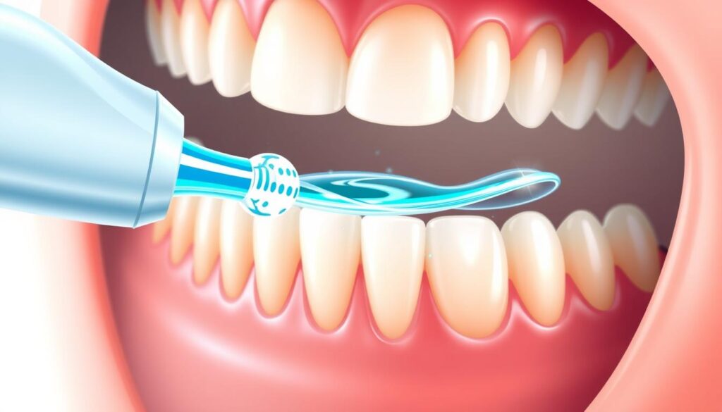 a detailed illustration of the benefits of using a water flosser, showing a close-up view of clean and healthy teeth and gums, with a soft blue and green color palette, warm studio lighting, and a focus on the water flossing action and its effectiveness in removing plaque and debris, conveying a sense of oral hygiene and dental health