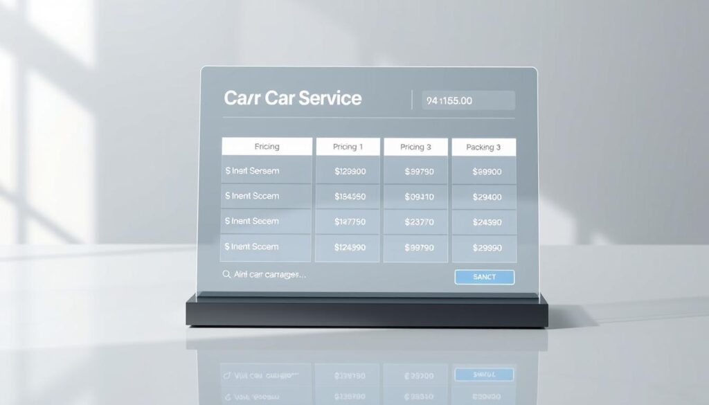 a detailed, photorealistic image of a transparent car service pricing display, showcasing a sleek, modern user interface with clear pricing breakdowns for various service packages. The display is positioned on a clean, minimalist table or desk, illuminated by soft, directional lighting that highlights the transparency and clarity of the information. The background is a simple, neutral environment, allowing the pricing display to be the focal point. The overall mood is one of professionalism, transparency, and attention to detail, reflecting the high-quality service offered by the car servicing company. a detailed, photorealistic image of a transparent car service pricing display, showcasing a sleek, modern user interface with clear pricing breakdowns for various service packages. The display is positioned on a clean, minimalist table or desk, illuminated by soft, directional lighting that highlights the transparency and clarity of the information. The background is a simple, neutral environment, allowing the pricing display to be the focal point. The overall mood is one of professionalism, transparency, and attention to detail, reflecting the high-quality service offered by the car servicing company.