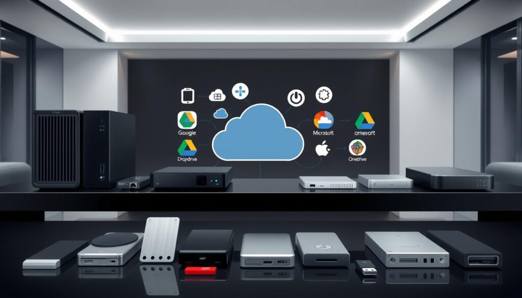 a detailed technical illustration of local and cloud storage options, displayed on a sleek black table in a modern office setting. the foreground features a variety of storage devices such as external hard drives, USB thumb drives, and NAS (network-attached storage) units, neatly arranged. the middle ground showcases cloud storage icons and logos, including popular services like google drive, dropbox, and microsoft onedrive. the background has a minimalist, monochromatic design with soft lighting, creating a professional and serene atmosphere. the overall composition emphasizes the coexistence and complementarity of local and cloud-based storage solutions. a detailed technical illustration of local and cloud storage options, displayed on a sleek black table in a modern office setting. the foreground features a variety of storage devices such as external hard drives, USB thumb drives, and NAS (network-attached storage) units, neatly arranged. the middle ground showcases cloud storage icons and logos, including popular services like google drive, dropbox, and microsoft onedrive. the background has a minimalist, monochromatic design with soft lighting, creating a professional and serene atmosphere. the overall composition emphasizes the coexistence and complementarity of local and cloud-based storage solutions.