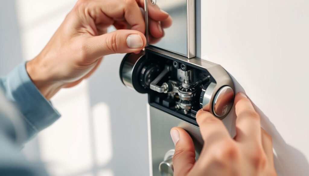 a digital lock maintenance scene, close-up view of a person's hands working on the inner mechanisms of a modern electronic door lock, set against a clean, well-lit background with soft shadows, using natural lighting to highlight the intricate details, a combination of technical precision and care, conveying a sense of professionalism and dedication to keeping the digital lock in optimal working condition a digital lock maintenance scene, close-up view of a person's hands working on the inner mechanisms of a modern electronic door lock, set against a clean, well-lit background with soft shadows, using natural lighting to highlight the intricate details, a combination of technical precision and care, conveying a sense of professionalism and dedication to keeping the digital lock in optimal working condition