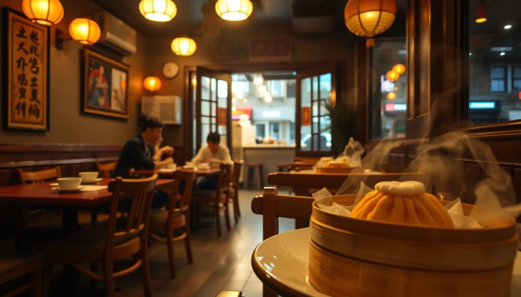 a dimly lit, cozy dim sum restaurant interior, with wooden tables and chairs, traditional Chinese decor elements like lanterns and scrolls on the walls, and a bustling kitchen visible through an open doorway. Soft, warm lighting casts a golden glow over the scene, creating an inviting and authentic atmosphere. The tables are set with steaming bamboo baskets of various dim sum dishes, and a few patrons are enjoying their meals. The foreground shows a close-up of an elegantly plated dish, while the middle ground reveals the larger dining space, and the background glimpses the vibrant street scene outside through large windows.