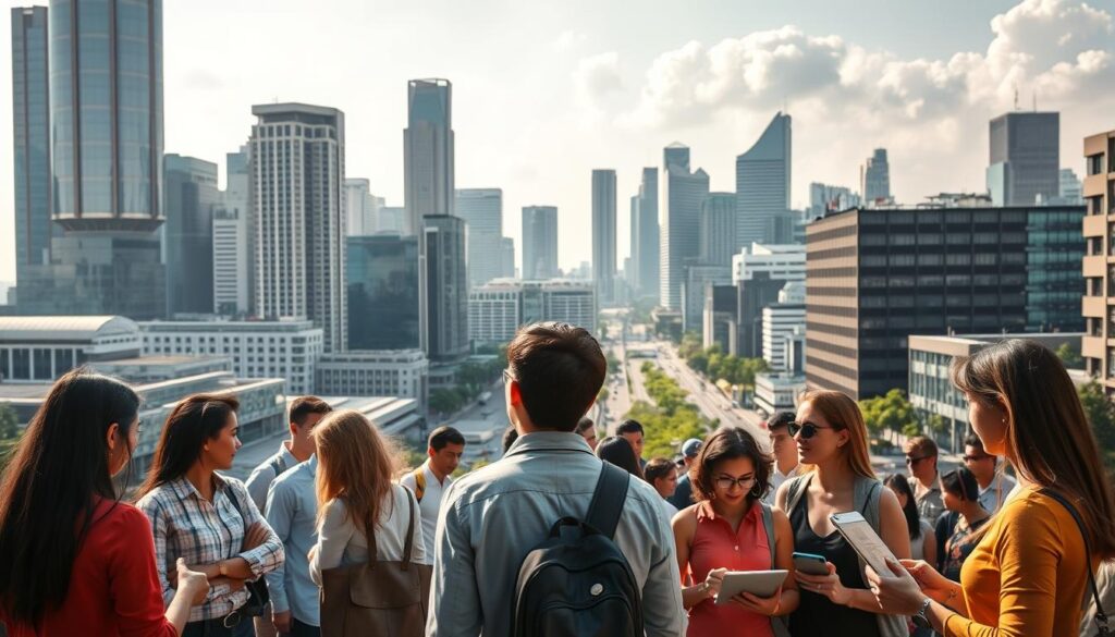 a dynamic cityscape of Singapore, with towering skyscrapers and bustling streets in the background. In the foreground, a diverse group of individuals engaged in alternative job search methods, such as networking events, freelance work, and online platforms. The scene is bathed in warm, natural lighting, capturing the vibrant energy and determination of those seeking new opportunities. The composition emphasizes the contrast between the urban landscape and the personal, individualized approaches to job hunting, conveying the idea of embracing unconventional paths to success in the modern job market. a dynamic cityscape of Singapore, with towering skyscrapers and bustling streets in the background. In the foreground, a diverse group of individuals engaged in alternative job search methods, such as networking events, freelance work, and online platforms. The scene is bathed in warm, natural lighting, capturing the vibrant energy and determination of those seeking new opportunities. The composition emphasizes the contrast between the urban landscape and the personal, individualized approaches to job hunting, conveying the idea of embracing unconventional paths to success in the modern job market.