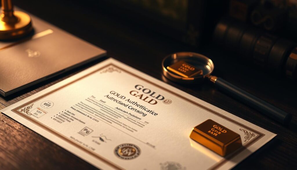a gold bar authentication certificate in singapore, professionally printed on premium paper with security features, lying on a dark wooden table with a gold bar and magnifying glass nearby, illuminated by soft, warm lighting creating a luxurious, authoritative atmosphere, captured with a high-quality camera lens at a shallow depth of field to highlight the details and textures of the certificate