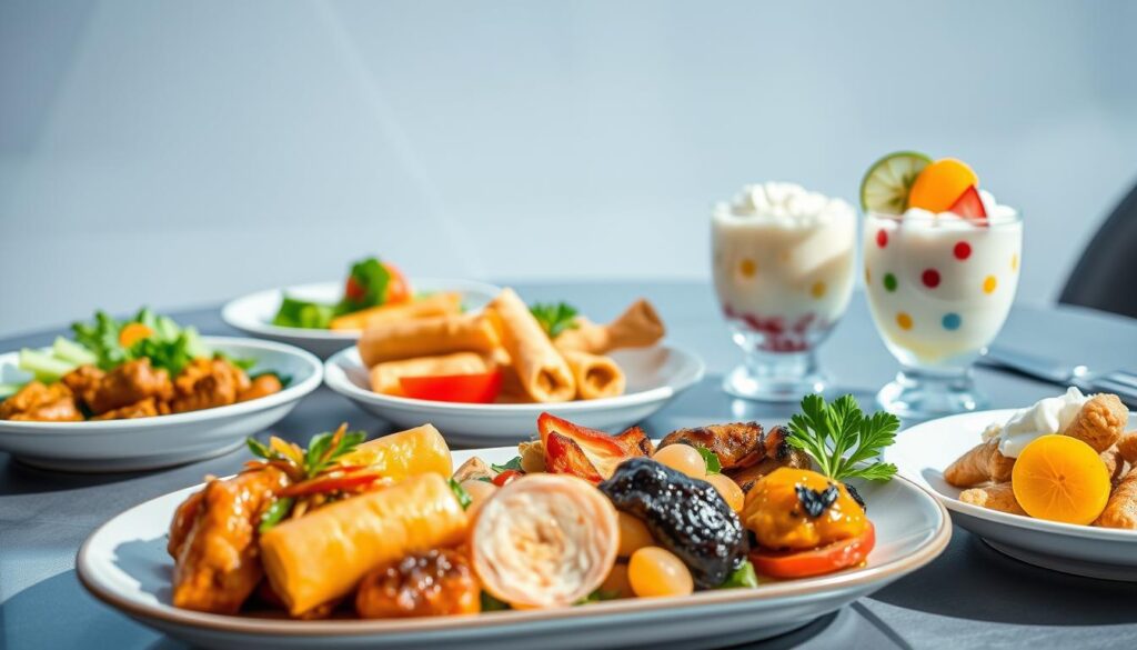a high-quality, detailed image of a selection of modern Filipino dishes served in a contemporary setting in Singapore. The foreground features an artfully arranged plate with a variety of colorful and distinctive Filipino ingredients, such as adobo chicken, lumpia spring rolls, and halo-halo dessert. The middle ground showcases the dishes in a clean, minimalist setting with sleek tableware and a modern, geometric background. The lighting is bright and natural, highlighting the vibrant colors and textures of the food. The overall mood is one of culinary sophistication, showcasing the evolution of Filipino cuisine in the cosmopolitan city of Singapore.