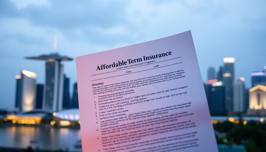 a high-quality photograph of an affordable term insurance policy against a backdrop of the Singapore skyline, with a focus on the policy document and details. Soft, warm lighting illuminates the scene, creating a sense of security and reassurance. The image should convey the reliability and accessibility of term life insurance in Singapore, aligning with the article's subject and section title.