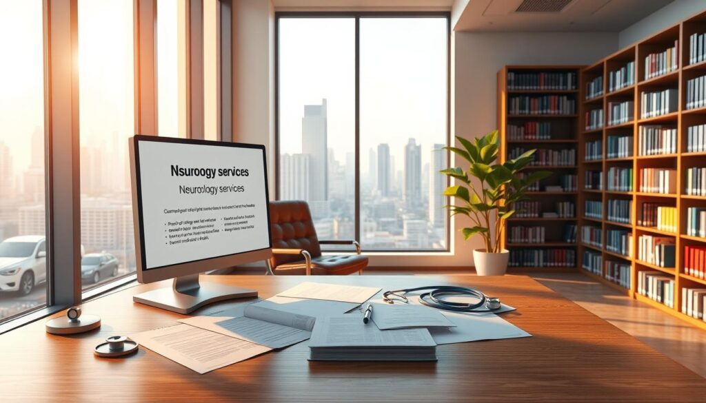 a highly detailed, photorealistic 3D render of a modern office interior with a large window overlooking a cityscape, bathed in warm, natural lighting. In the foreground, a desk with a computer monitor displays information on health insurance coverage for neurology services. On the desk, various medical documents, a stethoscope, and a pen are neatly arranged. In the middle ground, a comfortable leather chair and a potted plant add to the professional, yet calming atmosphere. The background features bookshelves lining the walls, filled with medical textbooks and journals. The overall scene conveys a sense of expertise, trust, and care associated with comprehensive neurological insurance coverage.
