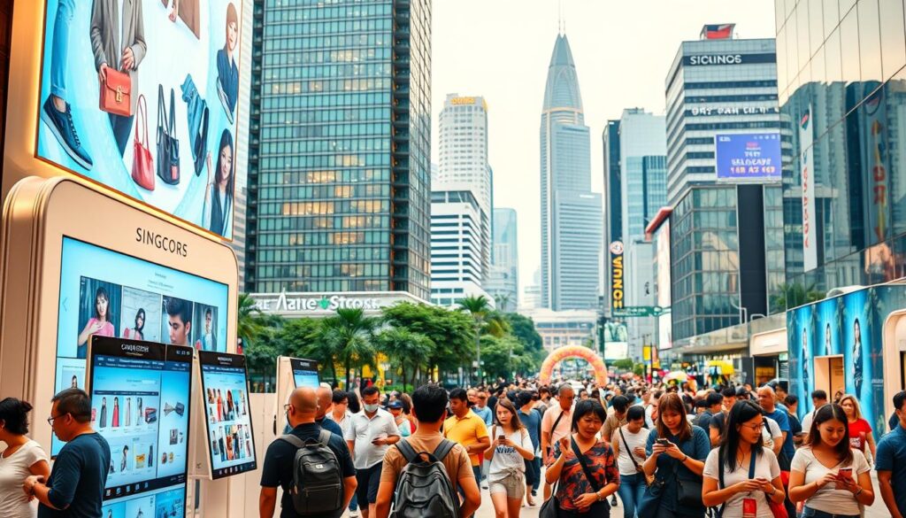 a lively urban scene in singapore, showcasing emerging online shopping platforms and unique retail experiences. in the foreground, sleek digital kiosks and interactive displays showcase the latest products and deals. in the middle ground, a diverse crowd of shoppers browse through curated collections on their mobile devices, taking advantage of seamless omnichannel experiences. in the background, a vibrant cityscape of modern skyscrapers and bustling streets, reflecting singapore's position as a hub of technological innovation and digital commerce. the scene is bathed in warm, inviting lighting, conveying a sense of excitement and discovery around these new shopping platforms.