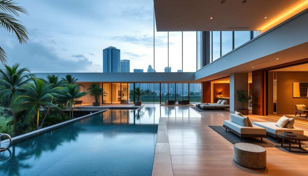 a modern, contemporary luxury hotel in Singapore, featuring a sleek, minimalist exterior with large windows and a clean, geometric design. The building is surrounded by lush, tropical greenery, with a serene pool and lounge area in the foreground. The interior is bright and airy, with high ceilings, modern furniture, and tasteful accents of wood and stone. Warm, diffused lighting casts a cozy, inviting atmosphere, while floor-to-ceiling windows offer panoramic views of the city skyline in the background. The overall impression is one of sophisticated, cutting-edge design that perfectly blends form and function.