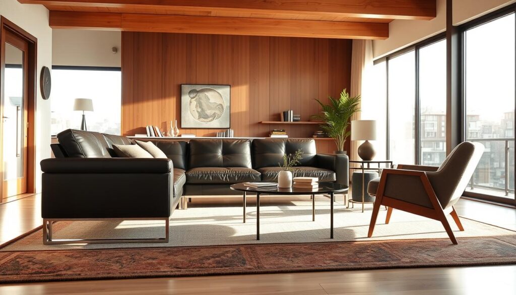 a modern living room interior with comfortable and stylish seating features, including a sleek leather sofa with clean lines and metal accents, complemented by a pair of mid-century inspired armchairs in a muted color palette. The room is bathed in warm, natural lighting filtering through large windows, creating a cozy and inviting atmosphere. The furnishings are arranged in a harmonious layout, showcasing a balance of form and function. The overall aesthetic is contemporary and minimalist, reflecting the essence of modern living.