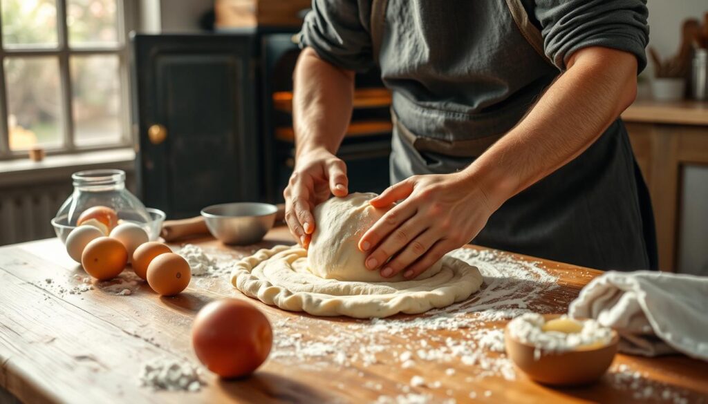 a photograph of a skilled baker kneading dough on a wooden table, with fresh ingredients like flour, eggs, and apples scattered around, sunlight streaming through a window, creating a warm, rustic atmosphere; the baker's hands expertly manipulating the dough, showcasing the intricate techniques of artisan pie making; in the background, a vintage oven can be seen, its door slightly ajar, hinting at the delicious treats soon to emerge. a photograph of a skilled baker kneading dough on a wooden table, with fresh ingredients like flour, eggs, and apples scattered around, sunlight streaming through a window, creating a warm, rustic atmosphere; the baker's hands expertly manipulating the dough, showcasing the intricate techniques of artisan pie making; in the background, a vintage oven can be seen, its door slightly ajar, hinting at the delicious treats soon to emerge.