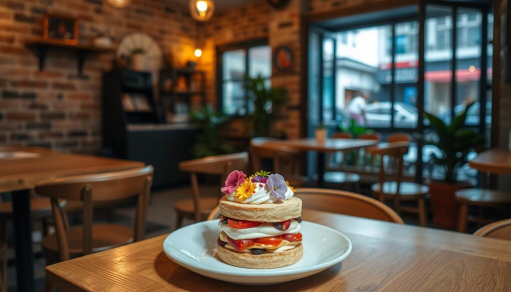 a quaint, cozy cafe nestled in a charming Singapore neighborhood, with a rustic interior featuring exposed brick walls, wooden tables, and soft lighting that creates a warm, inviting atmosphere. In the foreground, an artfully plated dessert takes center stage, its delicate layers of sponge cake, rich cream, and fresh fruit garnished with edible flowers, inviting the viewer to savor every bite. The cafe's windows offer glimpses of the bustling streets outside, hinting at the hidden gem's location within a vibrant, local community.