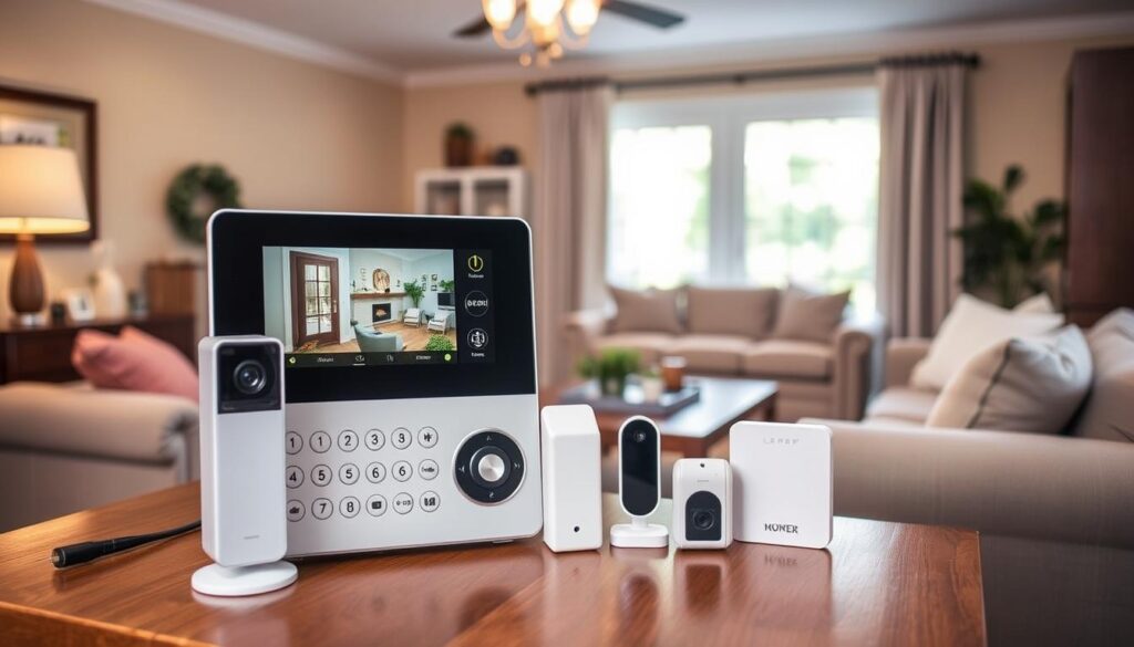 a senior-friendly home security system with a large screen display and easy-to-use interface, positioned prominently on a wooden table in a cozy living room with warm lighting. The system includes a doorbell camera with clear video feed, motion sensors, and smart home integration. The room has soft neutral tones, comfortable furniture, and decorative elements that create a welcoming, non-intimidating atmosphere suitable for older adults. a senior-friendly home security system with a large screen display and easy-to-use interface, positioned prominently on a wooden table in a cozy living room with warm lighting. The system includes a doorbell camera with clear video feed, motion sensors, and smart home integration. The room has soft neutral tones, comfortable furniture, and decorative elements that create a welcoming, non-intimidating atmosphere suitable for older adults.