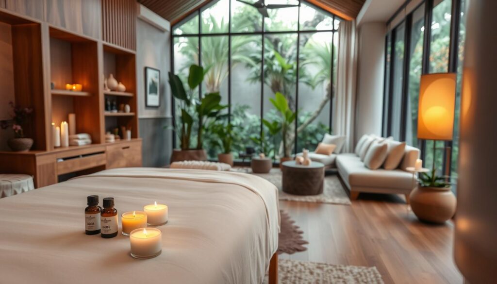 a tranquil and inviting holistic therapeutic massage center in singapore, with a serene and calming ambiance. the interior features soft lighting, natural materials like wood and stone, and soothing colors. in the foreground, a massage table with crisp white linens and a selection of aromatherapy oils and candles. in the middle ground, a cozy lounge area with plush seating and potted plants. the background showcases large windows overlooking a lush garden, creating a sense of connection to nature. the overall mood is one of relaxation, wellness, and rejuvenation.