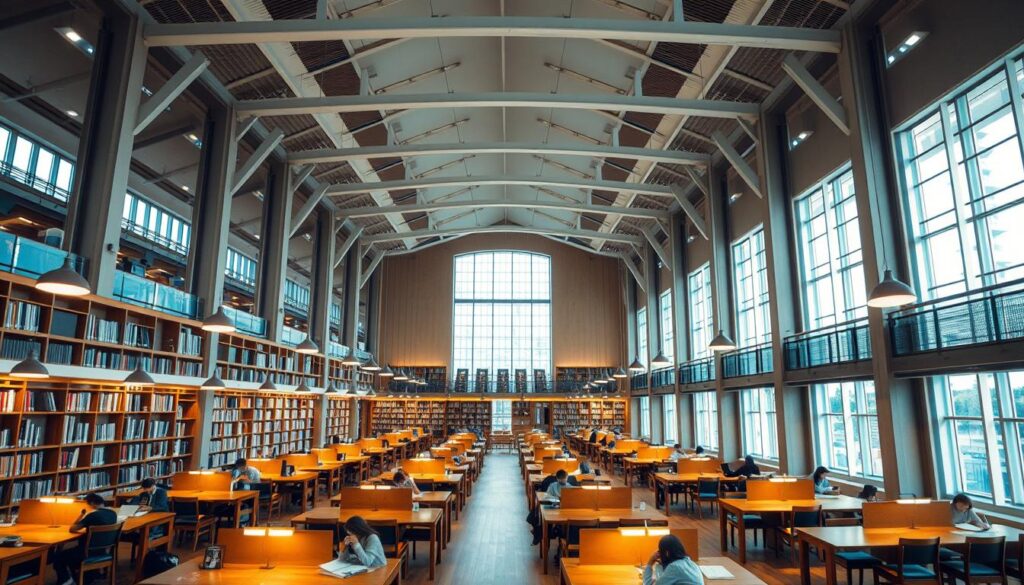 a university library in Singapore, the interior of a large, well-lit study hall with high ceilings and tall windows, wooden tables and chairs arranged in rows, students studying intently, warm lighting from pendant lamps creating a focused, academic atmosphere, books lining the shelves along the walls, a sense of quiet productivity and intellectual engagement