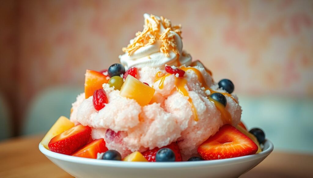 a vibrant and visually appealing bingsu dessert platter featuring an assortment of delicate shaved ice, colorful fresh fruits, and a variety of toppings like sweet red beans, toasted coconut flakes, and drizzles of condensed milk, set against a soft, pastel-toned background that evokes a cozy, inviting atmosphere, captured with a warm, natural lighting and a slightly tilted, close-up camera angle to highlight the textural details and the overall delightful presentation of this affordable, yet indulgent Singaporean treat.