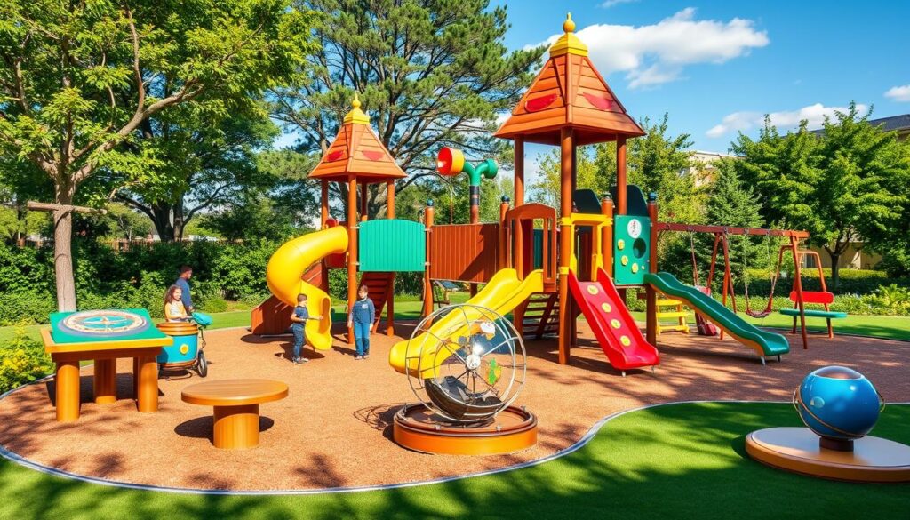 a vibrant outdoor playground filled with educational elements, featuring a large colorful jungle gym with slides, swings, and ladders, surrounded by interactive learning stations such as a sundial, musical instruments, and a miniature solar system model, all set against a backdrop of lush greenery and a clear blue sky, bathed in warm natural lighting, with a sense of playfulness and exploration capturing the essence of a fun and enriching educational experience
