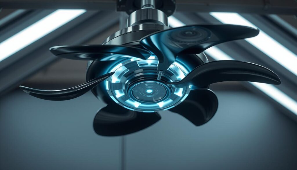 a visually striking and technologically advanced fan, featuring a sleek and innovative design. The fan's blades are crafted from high-quality materials, with a glossy, polished finish that reflects the ambient lighting. The central hub of the fan is encased in a transparent, futuristic casing, revealing the intricate inner workings and cutting-edge engineering. Soft, diffused lighting emanates from the hub, creating a mesmerizing and futuristic visual effect. The fan is suspended in a minimalist, industrial-inspired setting, with a backdrop of sleek, metallic surfaces and clean lines that complement the advanced aesthetics of the device. The overall atmosphere conveys a sense of technological prowess, elegance, and the promise of enhanced home comfort and efficiency.