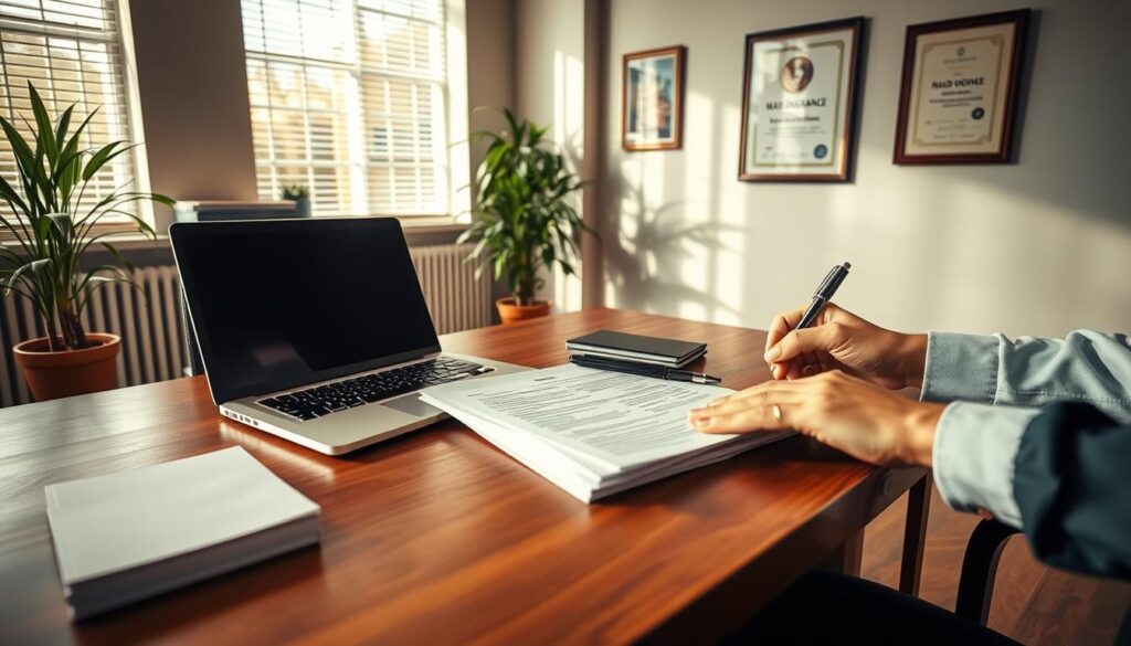 a well-lit office interior with a wooden desk, a laptop, and a stack of documents representing maid insurance paperwork, a person's hand signing a form, with a sense of professionalism and attention to detail, accompanied by a potted plant and a framed certificate on the wall to convey a trustworthy and reputable insurance service provider, all captured with a medium-wide angle lens and warm, natural lighting