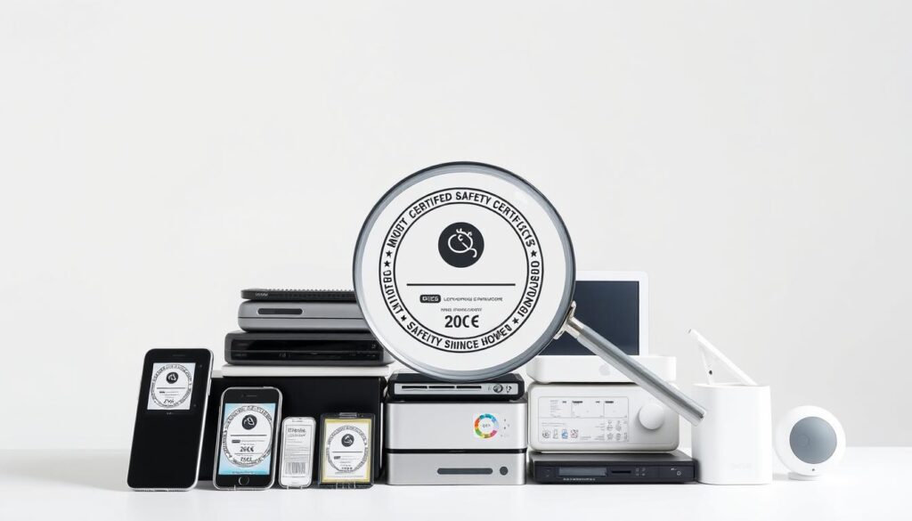 electronics safety certification singapore, featuring a stack of electronic devices against a clean white background, meticulously arranged to showcase their safety certifications and compliance marks. The foreground showcases various certified electronic products such as smartphones, laptops, and smart home devices, each with clearly visible certification stamps and labels. The middle ground highlights a magnifying glass inspecting the certifications, emphasizing the importance of verifying product safety. The background is a minimalist, well-lit studio setting, creating a sense of professionalism and attention to detail. The lighting is soft and diffused, casting gentle shadows and highlighting the certification details. The overall composition conveys a message of trust, reliability, and commitment to consumer safety in the electronics industry.