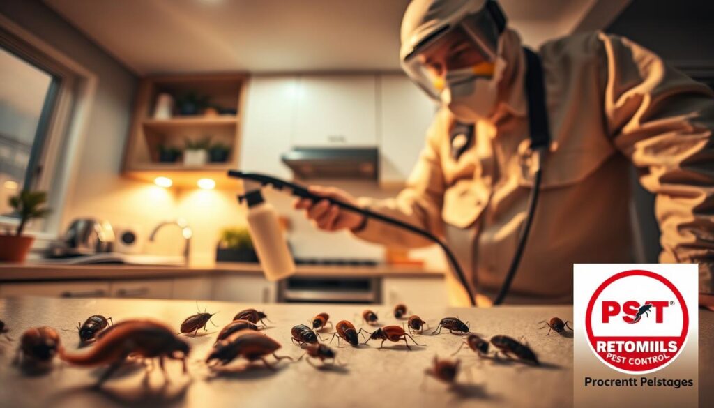 emergency pest control services, technician in protective uniform spraying insecticide to eliminate pests in residential home, modern kitchen interior with domestic pests crawling on countertop, low-angle view of exterminator using specialized equipment, warm lighting and shadows creating dramatic atmosphere, close-up of various common household bugs and rodents, blurred background with hints of household items, professional pest control company logo and branding elements discreetly incorporated
