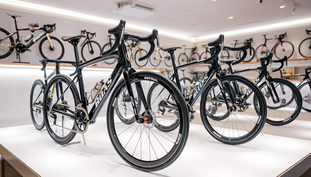high-performance custom road bikes in a well-lit bike shop in Singapore, showcasing intricate designs and premium materials such as carbon fiber, showcased on a clean, modern display with bright, diffused lighting to highlight the bikes' sleek lines and attention to detail, with a sense of sophistication and craftsmanship befitting the "High-Performance and Custom Bike Experts" section of the article