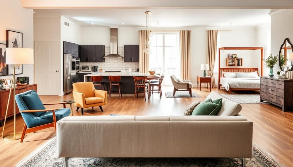 interior design styles, a vibrant and harmonious collection of contemporary furniture arrangements showcasing the diverse design aesthetics across various retailers. A well-lit, spacious living room with a sleek, minimalist sofa in the foreground, surrounded by a mid-century modern armchair, a traditional wooden coffee table, and a Scandinavian-inspired floor lamp. In the middle ground, a modern kitchen with clean lines, stainless steel appliances, and a statement pendant light. In the background, a cozy bedroom with a four-poster bed, elegant curtains, and a rustic, wooden dresser. The overall atmosphere exudes a sense of sophistication, comfort, and timeless elegance, reflecting the breadth of design styles available to discerning homeowners.